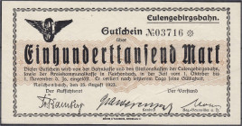 Banknoten

Deutsches Notgeld und KGL

Reichenbach (Ostpreußen)

Eulengebirgsbahn, 100 Tsd. Mark 25.8.1923. Muster ohne Stempel, Wz. verschlungen...
