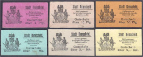 Banknoten

Deutsches Notgeld und KGL

Remscheid (Rheinland)

Stadt, Gefangenen-Arbeitskommando Salemstraße, 6 Scheine zu 5, 10, 50 Pfg., 1, 2 u....