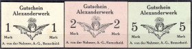 Banknoten

Deutsches Notgeld und KGL

Remscheid (Rheinland)

Kriegsgefangenenlager Alexanderwerk, 1, 2 und 5 Mark o.D. I- Tieste 10.