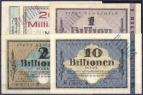 Banknoten

Deutsches Notgeld und KGL

Remscheid (Rheinland)

Stadt, 4 Scheine zu 200 Mrd., 1, 2 und 10 Bio. Mark 25.10., 1 u. 11.11.1923. I- bis...