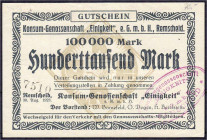 Banknoten

Deutsches Notgeld und KGL

Remscheid (Rheinland)

Konsum-Genossenschaft „Einigkeit“ e.G.m.b.H., 100 Tsd. Mark 30.8.1923. II. Keller 4...