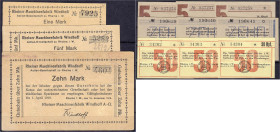 Banknoten

Deutsches Notgeld und KGL

Rheine (Westfalen)

Insgesamt 12 Scheine, 3x Rheiner Maschinenfabrik Windhoff A.G. zu 1, 5 u. 10 Mark 12.1...