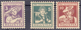Briefmarken

Ausland

Schweiz

Pro Juventute (Trachten II) 1916, kompletter Satz in postfrischer Luxuserhaltung. Michel 130-132.