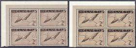 Briefmarken

Ausland

Schweiz

2 Fr. Brieftaube 1930, zwei Viererblöcke in postfrischer Luxuserhaltung aus der linken oberen Bogenecke, Papier ,...