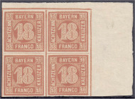 Briefmarken

Deutschland

Altdeutschland

Bayern

18 Kr. Freimarken 1862, orangerot im Viererblock aus der rechten oberen Bogenecke, farbfrisc...