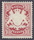 Briefmarken

Deutschland

Altdeutschland

Bayern

10 Pf. Staatswappen auf Ornament 1888, postfrische Luxuserhaltung, Wasserzeichen ,,4" (enge ...