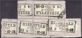 Briefmarken

Deutschland

Deutsches Reich

1/4 Groschen kleiner Brustschild 1872, waagerechter 3er-Streifen und waagerechter 5er-Streifen auf Br...