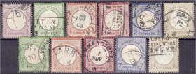 Briefmarken

Deutschland

Deutsches Reich

1/4 Gr. - 18 Kr. kleiner Brustschild 1872, alle Werte in gestempelter Erhaltung, insgesamt gute Quali...