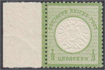 Briefmarken

Deutschland

Deutsches Reich

1/3 Groschen großer Brustschild 1872, postfrische Luxuserhaltung, links mit Seitenrand, unsigniert. F...