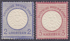 Briefmarken

Deutschland

Deutsches Reich

2 Groschen + 3 Kreuzer großer Brustschild 1872, zwei postfrische Werte in Luxuserhaltung, unsigniert....