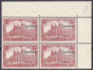 Briefmarken

Deutschland

Deutsches Reich

1 M. Reichspost 1900, postfrischer Viererblock aus der rechten oberen Bogenecke, alle Marken mit Aufd...