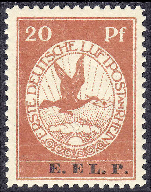 Briefmarken

Deutschland

Deutsches Reich

20 Pf. Flugpostmarke E.EL.P. 19...