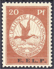 Briefmarken

Deutschland

Deutsches Reich

20 Pf. Flugpostmarke E.EL.P. 1912, postfrische Luxuserhaltung. Mi. 450,-€ Michel VI.