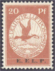 Briefmarken

Deutschland

Deutsches Reich

20 Pf. Flugpostmarke E.EL.P. 1912, postfrische Luxuserhaltung, unsigniert. Mi. 450,-€ Michel VI.
