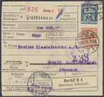 Briefmarken

Deutschland

Deutsches Reich

50 Pf. Wertziffer im Kreis und 200 Pf. Holztaube 1923/1924, auf Paketkarte, geprüft Schlegel BPP. Mic...