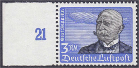 Briefmarken

Deutschland

Deutsches Reich

3 M Ferdinand Graf von Zeppelin 1934, postfrische Kabinetterhaltung, waagerechte Gummiriffelung, unsi...