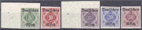 Briefmarken

Deutschland

Deutsches Reich

Dienstmarken

5 Pf. - 50 Pf. Dienstmarken Ziffern in Raute 1920, ungezähnter Satz in postfrischer E...