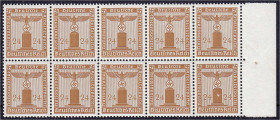Briefmarken

Deutschland

Deutsches Reich

Dienstmarken

24 Pf. Dienstamrken 1942/1944, postfrischer Zehnerblock vom Bogenrand, jeder Wert gep...
