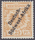 Briefmarken

Deutschland

Deutsche Kolonien

Deutsch-Südwestafrika

25 Pf. Freimarke 1897, gelblichorange, ungebraucht mit Falz. Mi. 280,-€ Mi...
