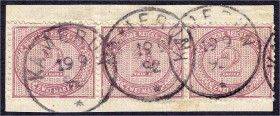 Briefmarken

Deutschland

Deutsche Kolonien

Kamerun

2 M. Vorläufer Kamerun 1890, waagerechter 3er-Streifen auf Briefstück, entwertet ,,KAMER...
