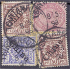 Briefmarken

Deutschland

Deutsche Kolonien

Kiautschou, Vorläufer

2 M., 20 Pf. und 50 Pf. Vorläufer 1898, die 2 Mark dunkelkarminrot, gebrau...