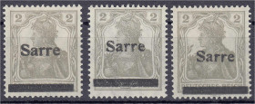 Briefmarken

Deutschland

Deutsche Kolonien

Deutsche Abstimmungsgebiete, Saargebiet

2 Pf. Freimarken 1920, alle drei Typen in postfrischer E...