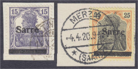 Briefmarken

Deutschland

Deutsche Kolonien

Deutsche Abstimmungsgebiete, Saargebiet

15 Pf. + 25 Pf. Freimarken 1920, zwei Werte der besseren...
