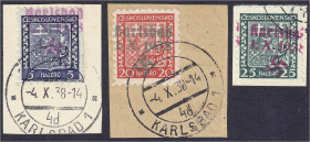 Briefmarken

Deutschland

Deutsche Kolonien

Sudetenland, Karlsbad

5 H., 20 H. u. 25 H. Staatswappen 1938, drei Werte in gestempelter Erhaltu...