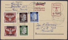 Briefmarken

Deutschland

Deutsche Kolonien

Deutsche Besetzungsausgaben 1939/1945

Kurland 1945, kompletter Satz auf gelaufener Ganzsachenkar...