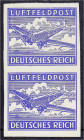 Briefmarken

Deutschland

Feldpostmarken

Zulassungsmarke für Luftpostbriefe 1942, ungezähntes senkrechtes Paar ohne Gummi, kl. Stockflecken. Ku...