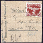 Briefmarken

Deutschland

Feldpostmarken

Feldpost-Päckchen-Adresse mit Zulassungsmarke 1942, durchstochen, an Feldpostnummer 33711 (Wehrmacht-K...