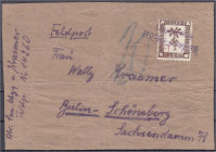 Briefmarken

Deutschland

Feldpostmarken

Feldpostpäckchen-Zulassungsmarke (Tunis) 1943, die abgebildete Päckchenadresse eines Feldpostpäckchens...