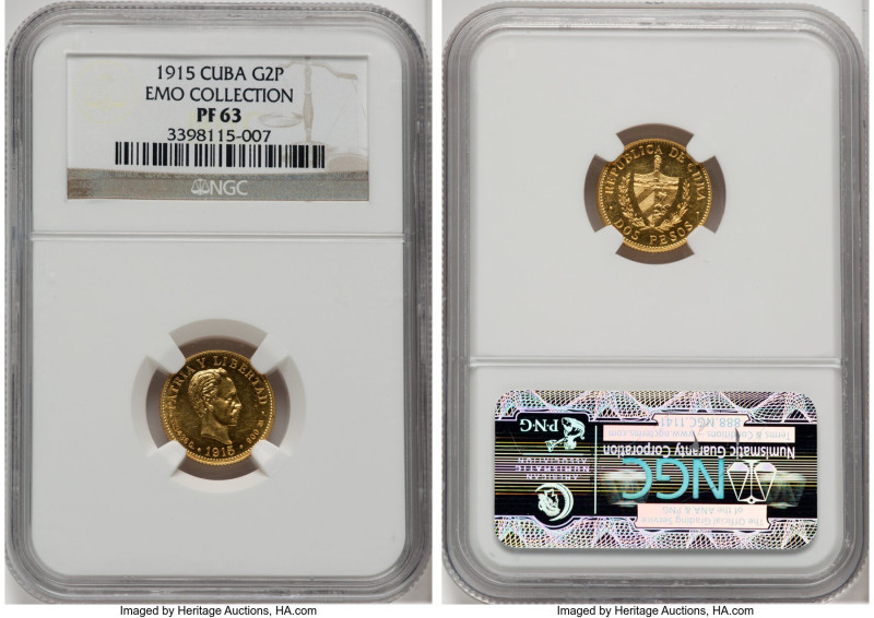 Republic gold Proof 2 Pesos 1915 PR63 NGC, Philadelphia mint, KM17. Mintage: 100...