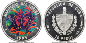 Republic silver Colorized Proof Piefort "Butterflies of the Caribbean" 10 Pesos 1995 PR66 Ultra Cameo NGC, Havana mint, KM-XP14. "Anartia Amathea" HID...
