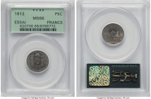 Republic nickel Essai 5 Centimes 1913 MS66 PCGS, GEM-17.2, Maz-2211 (R2). By Pillet. A scarce Essai issue with a strikingly beautiful design, the last...