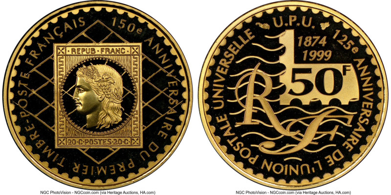 Republic gold Proof "French Postage Stamps - 150th Anniversary" 50 Francs (1/4 o...