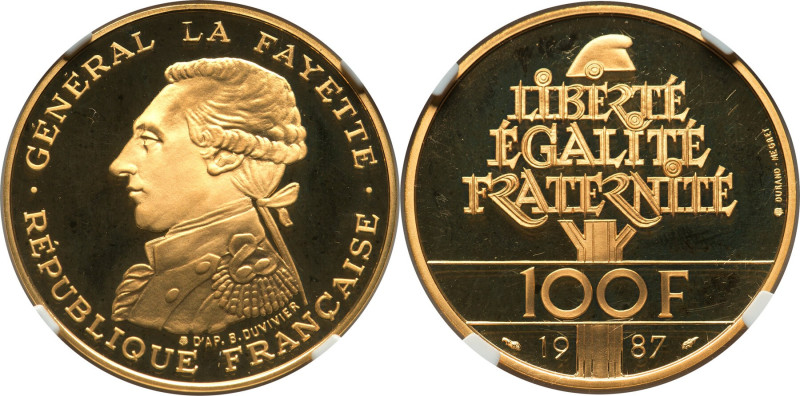 Republic gold Proof "General Lafayette" 100 Francs (1/2 oz) 1987 PR68 Ultra Came...