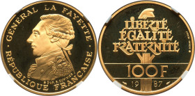 Republic gold Proof "General Lafayette" 100 Francs (1/2 oz) 1987 PR68 Ultra Cameo NGC, Paris mint, KM962b. Mintage: 20,000. Accompanied by COA #10619....