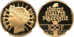 Republic gold Proof "Fraternity" 100 Francs (1/2 oz) 1988 PR69 Ultra Cameo NGC, Paris mint, KM966b. Mintage: 12,000. Sitting at the penultimate grade ...