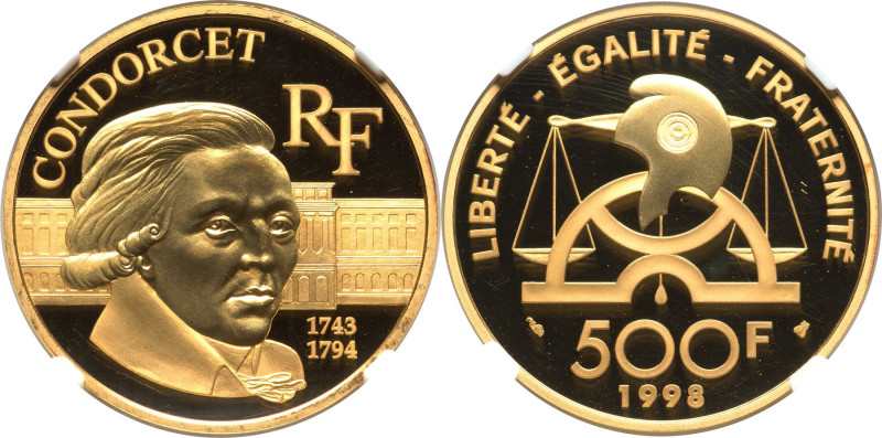 Republic gold Proof "Marquis de Condorcet" 500 Francs (1/2 oz) 1998 PR66 Ultra C...