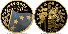 Republic gold Proof "EU 50th Anniversary" 50 Euro (1 oz) 2005 PR69 Ultra Cameo NGC, Paris mint, KM2018. Mintage: 500. With interesting pulsing effect ...