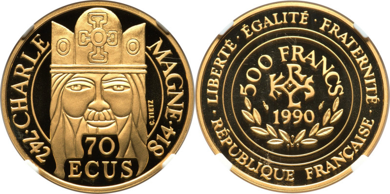 Republic gold Proof "Charlemagne" 70 Ecus (500 Francs) (1/2 oz) 1990 PR69 Ultra ...