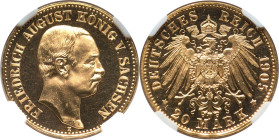 Saxony. Friedrich August III gold Proof 20 Mark 1905-E PR65 Cameo NGC, Muldenhutten mint, KM1265. Mintage: 86. An extremely low mintage Proof emission...