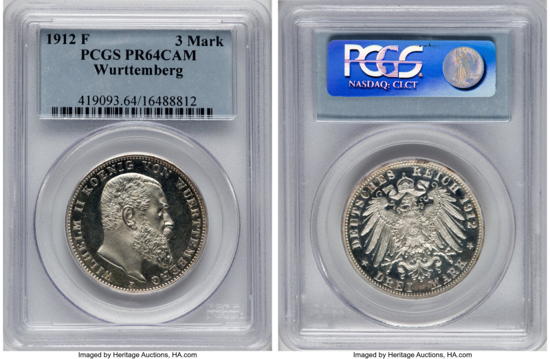 Württemberg. Wilhelm II Proof 3 Mark 1912-F PR64 Cameo PCGS, Stuttgart mint, KM6...