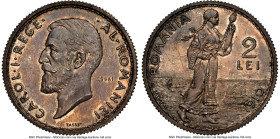 Carol I silver Specimen Essai 2 Lei 1910 SP64 NGC, Schaffer/Stambuliu-069-1.1. By E. P. Tasset and Ludovic Bassarab. Reeded edge. Yet another captivat...