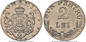 Ferdinand I copper-nickel Pattern "Mint Error - Struck on Leu Planchet" 2 Lei 1924 MS65 NGC, Poissy mint, Schaffer/Stambuliu-135-1.1. 3.4gm. Struck on...