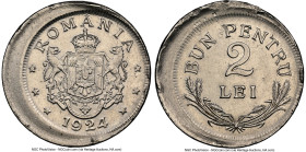 Ferdinand I copper-nickel Pattern "Mint Error - Broadstruck" 2 Lei 1924 UNC Details (Rim Damage) NGC, Brussels mint, Schaffer/Stambuliu-136-1.1 (Plate...