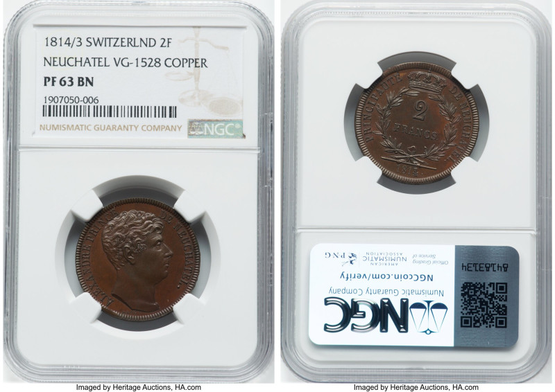 Neuchatel. Alexandre Berthier copper Proof Pattern 2 Francs 1814/3 PR63 Brown NG...