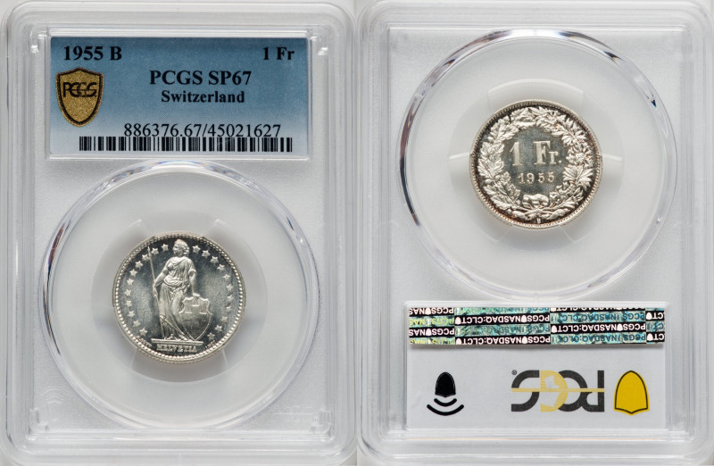 Confederation Specimen Franc 1955-B SP67 PCGS, Bern mint, KM24. Tied for the fin...