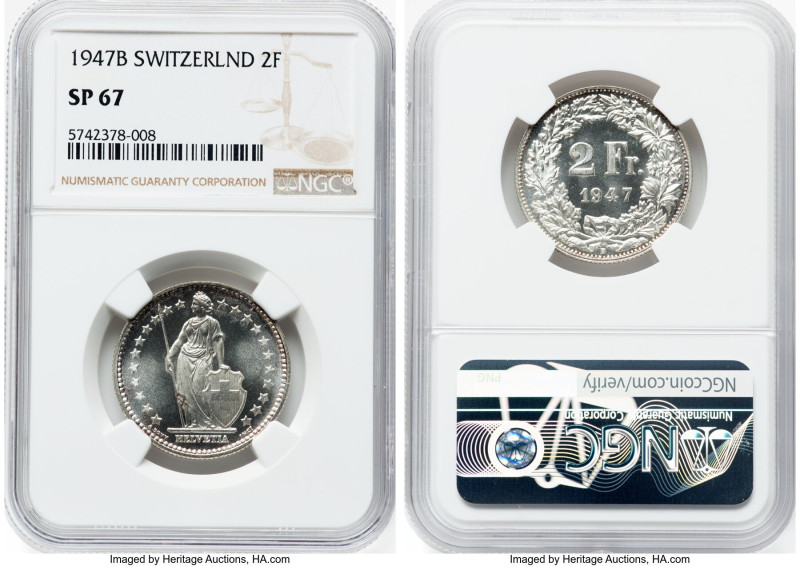 Confederation Specimen 2 Francs 1947-B SP67 NGC, Bern mint, KM21. HID09801242017...